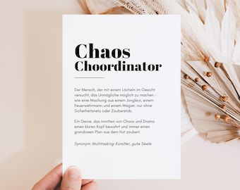 Grappige kaart met spreuk, cadeau voor collega's, baas, grappige cadeaus, grappige verjaardagskaart met spreuk "Chaos Coördinator"