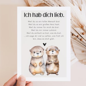 Hej.Otti® Carte loutre Je t'aime, cadeau pour petite amie, cadeau pour ta personne préférée, dis simplement merci - carte postale A6