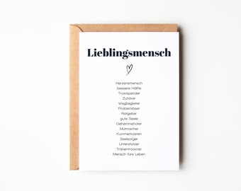 Karte "Lieblingsmensch", Synonymkarte Lieblingsmensch, Grußkarte Geburtstag, Karte Herzensmensch - nach Wunsch inkl. Kuvert