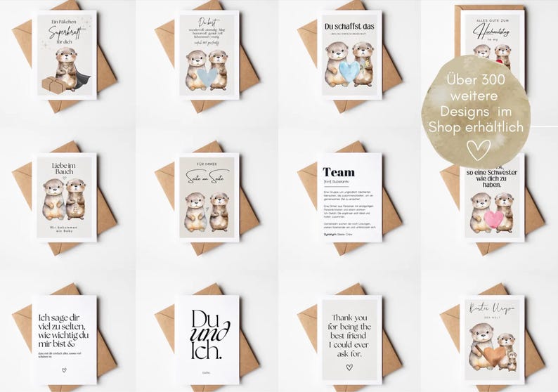 Pu&ograve; includere: Biglietti di auguri con illustrazioni di lontre e vari messaggi. Alcuni biglietti presentano lontre che tengono cuori o oggetti, mentre altri hanno testo come "Team" o "Thank you for being the best friend". I biglietti sono su buste marroni.