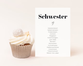 Grußkarte Schwester, Synonymkarte Schwester, Geschenk für Schwester, Schwesterherz,  nach Wunsch inkl. Kuvert