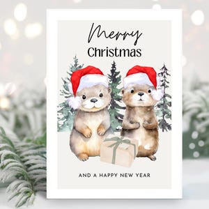 Niedliche Weihnachtskarte mit Ottern, Merry Christmas Grußkarte, Weihnachtskarte, Weihnachtsgruß, Weihnachtsgeschenk, Otter Weihnachtsgruß