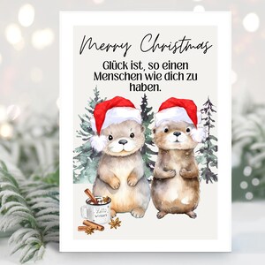 Leuke kerstkaart met otters. Geluk is om iemand te hebben zoals jij. Vrolijk Kerstfeest, kerstgroet, kerstcadeau.