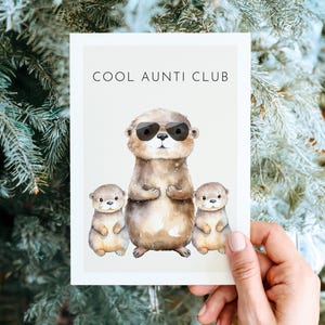 Kartka z pozdrowieniami dla cioci Cool Aunti Club z uroczymi wydrami, prezent dla cioci, będziesz ciocią, prezent dla cioci, urodziny cioci, karta cioci