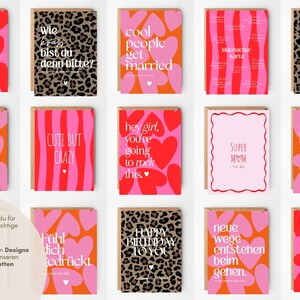 May include: A collection of fourteen rectangular greeting cards featuring various designs, including pink and red heart patterns, leopard print backgrounds, and bold white typography with phrases like 'Happy Birthday', 'Super Mom', and 'Danke f&uuml;r alles'.