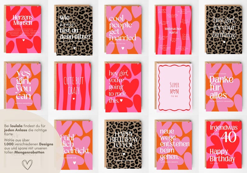 May include: A collection of fourteen rectangular greeting cards featuring various designs, including pink and red heart patterns, leopard print backgrounds, and bold white typography with phrases like 'Happy Birthday', 'Super Mom', and 'Danke f&uuml;r alles'.