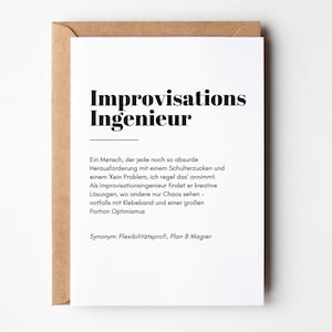 Carte amusante avec dicton, cadeau pour collègue patron patron, cadeaux amusants, carte d'anniversaire amusante « Ingénieur d'improvisation »