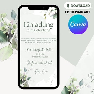 loulala® Canva digital invitation card to customize yourself, digital ecard birthday invitation to send via Whatsapp (eucalyptus)