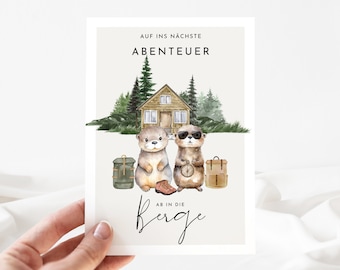 Regalo de senderismo para viajeros, postal de vacaciones de senderismo para regalar con lindas nutrias, montañismo, rumbo a la montaña - loulala®