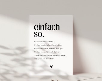 Postkarte "einfach so", Geschenk für Freundin, Geschenk für den Lieblingsmenschen, einfach mal danke sagen, Geschenk zum Valentinstag, DINA6