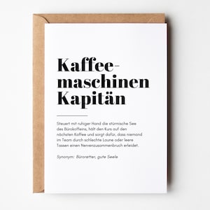 Carte amusante avec dicton amateur de café - « Capitaine de machine à café », cadeau de café pour collègues, cadeau collègue, patron, patron