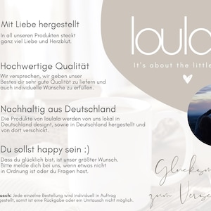 May include: A promotional graphic for "loulala" featuring text in German, including "Mit Liebe hergestellt" and "Hochwertige Qualit&auml;t." The design includes a heart, a photo of silhouettes, and the phrase "It's about the little things."