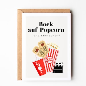 Lustige Postkarte "Bock auf Popcorn & knutschen"?, Zeit zu zweit Gutschein, Date night,  Geschenk für Partner, Gutschein Kino - A6 Karte