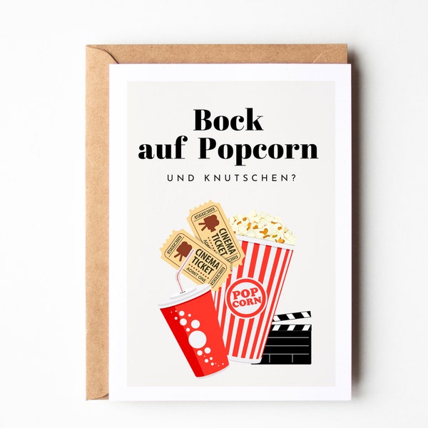 Lustige Postkarte "Bock auf Popcorn & knutschen"?, Zeit zu zweit Gutschein, Date night,  Geschenk für Partner, Gutschein Kino - A6 Karte