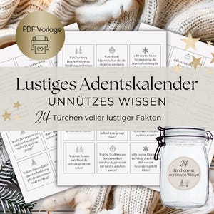 Könnte beinhalten: Ein druckbarer Adventskalender mit 24 Türchen, die jeweils eine lustige Tatsache enthalten. Der Kalender ist mit Sternen und einem Glas mit einem Etikett verziert, auf dem "24 Türchen mit unnützen Wissen" steht.