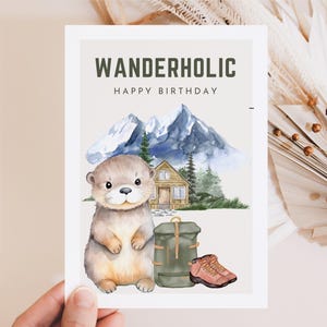 Wandern Geschenk für Reisende, Wander Postkarte zum Geburtstag mit süßen Ottern, Bergsteiger, Wanderlust ab in die Berge süße Otter Karte