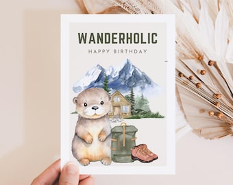 旅行者へのハイキングギフト、かわいいカワウソの誕生日用ハイキングポストカード、登山家、山への放浪癖のあるかわいいカワウソのカード