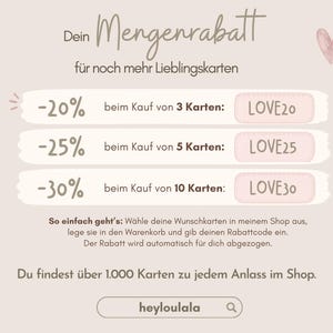 May include: A promotional graphic on a light beige background featuring the text Dein Mengenrabatt f&uuml;r noch mehr Lieblingskarten. It lists discounts of 20%, 25%, and 30% for purchasing 3, 5, or 10 cards using codes LOVE20, LOVE25, and LOVE30 respectively.