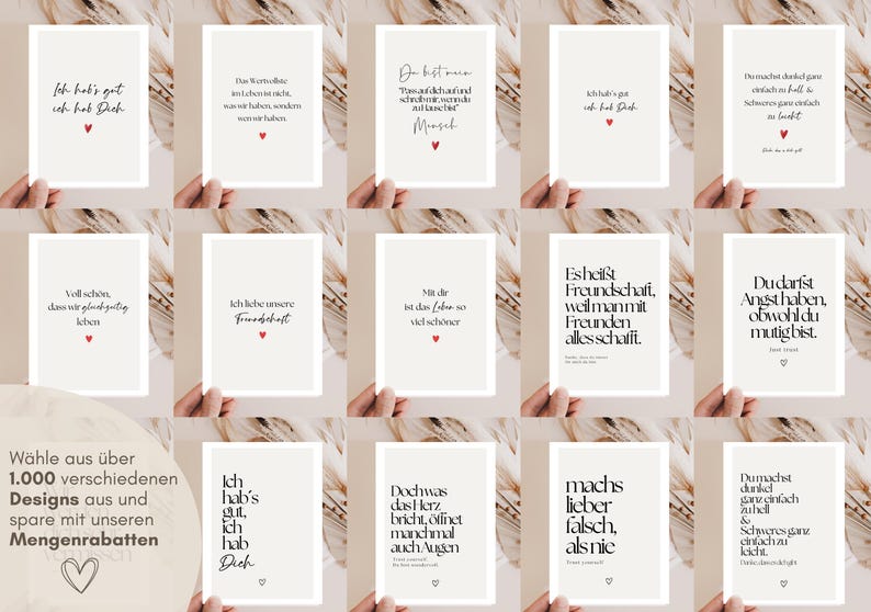 Puede incluir: Una colecci&oacute;n de catorce tarjetas de felicitaci&oacute;n rectangulares con varias citas en alem&aacute;n en tipograf&iacute;a negra, cada una acentuada con un peque&ntilde;o s&iacute;mbolo de coraz&oacute;n rojo o negro, dispuestas en una cuadr&iacute;cula sobre un fondo beige claro.
