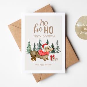Biglietto di Natale carino Ho Ho Ho, Buon Natale, auguri di Natale, regalo di Natale, biglietto di Natale divertente con bassotto, Buon Natale
