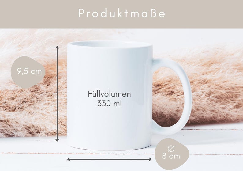 May include: White ceramic mug with a black text that says "F&uuml;lllvolumen 330 ml". The mug is 9.5 inches tall and 8 inches wide.