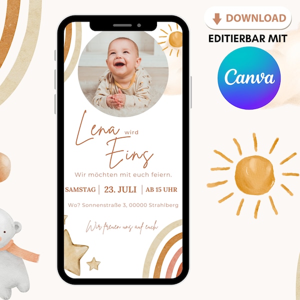 loulala® Canva digital invitation card first birthday, card children's birthday, digital ecard to send via Whatsapp