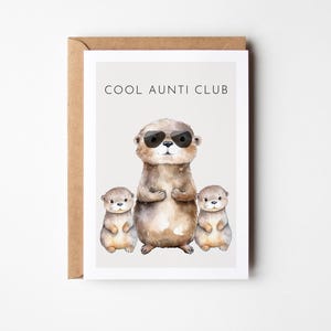 Kartka z pozdrowieniami dla cioci Cool Aunti Club z uroczymi wydrami, prezent dla cioci, będziesz ciocią, prezent dla cioci, urodziny cioci, karta cioci