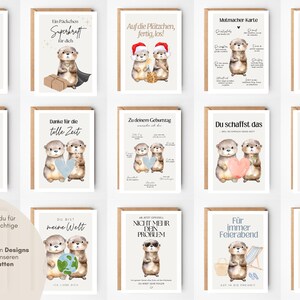 May include: A collection of fourteen greeting cards featuring watercolor illustrations of otters. Each card displays unique text in German, such as 'Beste Mama', 'Work Bestie', and 'Du schaffst das', alongside various themed accessories like hearts, Santa hats, and sunglasses.