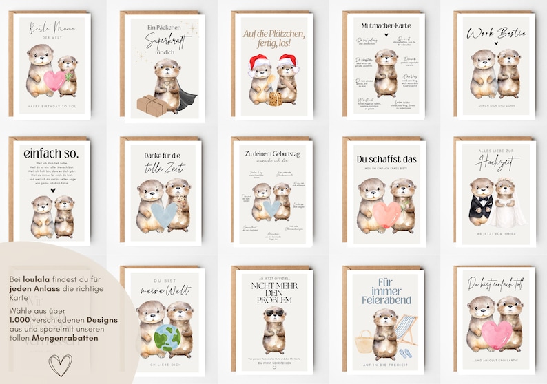 May include: A collection of fourteen greeting cards featuring watercolor illustrations of otters. Each card displays unique text in German, such as 'Beste Mama', 'Work Bestie', and 'Du schaffst das', alongside various themed accessories like hearts, Santa hats, and sunglasses.