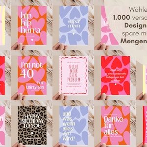 May include: A collection of fourteen rectangular greeting cards featuring various graphic designs, including heart patterns, leopard print, and vertical stripes, with printed text in German and English, displayed in a grid layout.