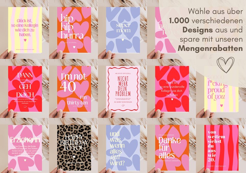 May include: A collection of fourteen rectangular greeting cards featuring various graphic designs, including heart patterns, leopard print, and vertical stripes, with printed text in German and English, displayed in a grid layout.