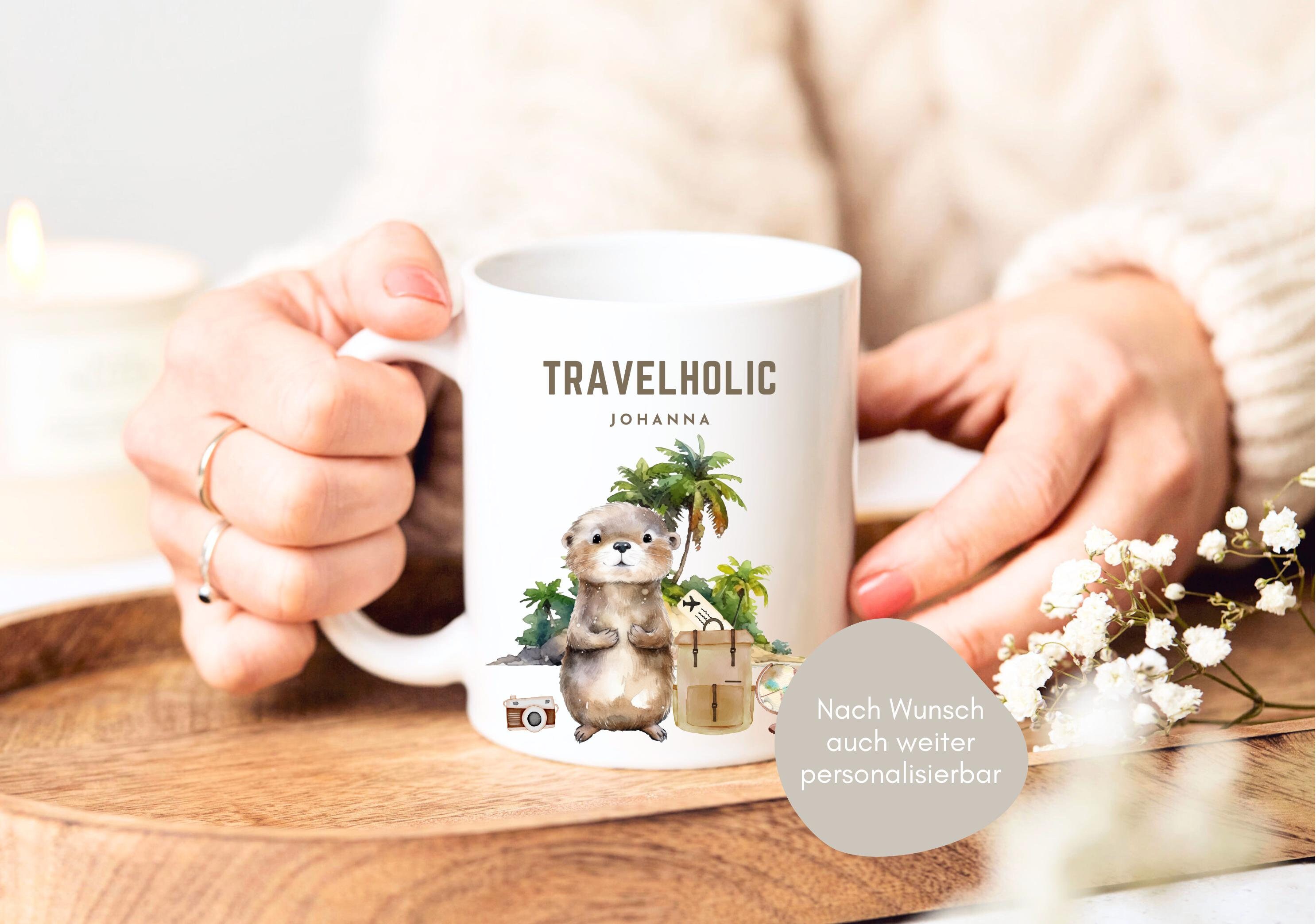 Travel lover gift personalized otter mug travelholic, globetrotter, wanderlust, farewell gift travelers, world trip, year abroad