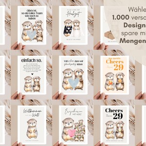 May include: A collection of rectangular greeting cards featuring watercolour illustrations of otters. Each card displays unique text and otter characters, including pairs holding hearts, fish, or wearing graduation caps, presented in a grid layout.