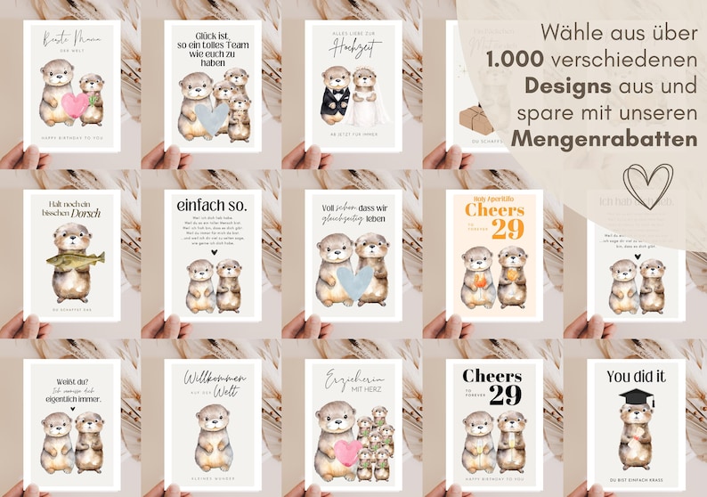 May include: A collection of rectangular greeting cards featuring watercolour illustrations of otters. Each card displays unique text and otter characters, including pairs holding hearts, fish, or wearing graduation caps, presented in a grid layout.