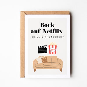 Lustige Postkarte "Bock auf Netflix, chill & knutschen"?, Grußkarte DinA6, Geschenk für Partner, Kuschelabend Geschenk