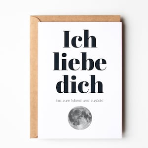 Postkarte ICH LIBE DICH bis zum Mond und zurück in DINA6, Geschenk für Partner, Valentinstag Geschenk, inkl. Naturkuvert nach Wunsch