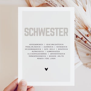 Cadeau soeur, anniversaire soeur, carte anniversaire soeur, carte coeur soeur, cadeau soeur - carte postale A6