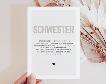 Gift sister, sister birthday, birthday card sister, sister heart card, sister gift - postcard A6