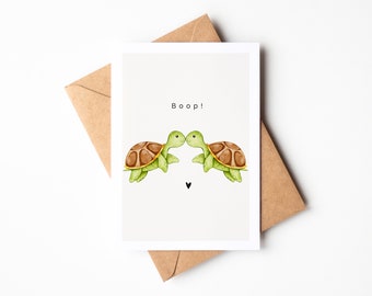 Süße Postkarte "Boop" mit zwei küssenden Schildkröten, Geschenk für Partner, Geschenk für Freundin, Valentinstags Grußkarte