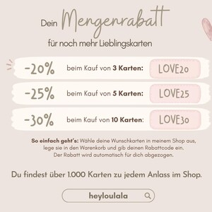 May include: A promotional graphic on a light beige background featuring the text Dein Mengenrabatt f&uuml;r noch mehr Lieblingskarten. It lists discounts of 20%, 25%, and 30% for purchasing 3, 5, or 10 cards using codes LOVE20, LOVE25, and LOVE30 respectively.