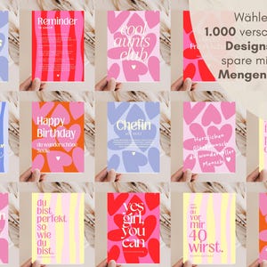 May include: A collection of rectangular greeting cards featuring various graphic designs, including heart patterns, wavy stripes, and bold typography with phrases like cool aunts club, Happy Birthday, Chefin mit Herz, and yes girl, you can.