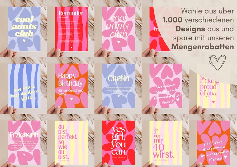 May include: A collection of rectangular greeting cards featuring various graphic designs, including heart patterns, wavy stripes, and bold typography with phrases like cool aunts club, Happy Birthday, Chefin mit Herz, and yes girl, you can.