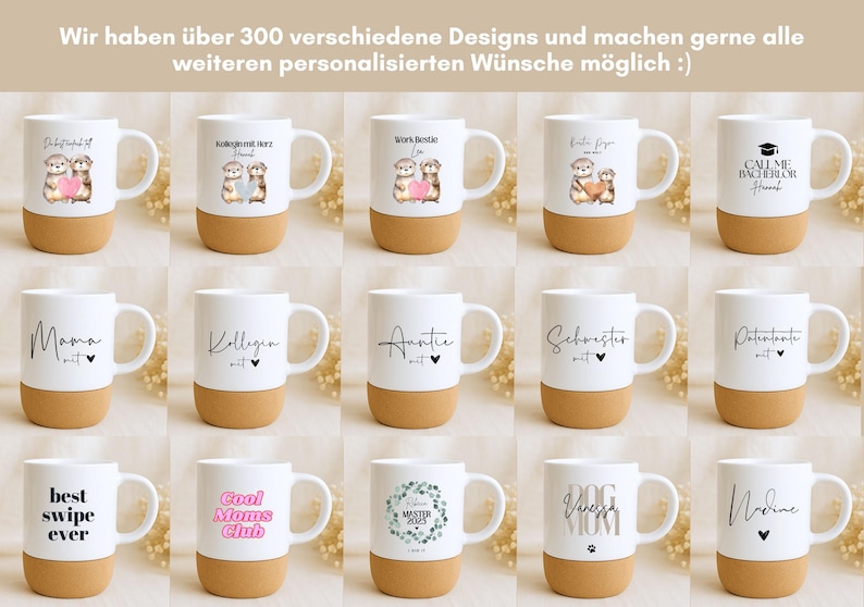 May include: White ceramic mugs with various designs and text, including "Mama", "Auntie", and "Best Swipe Ever". Each mug has a natural cork base. The mugs are arranged in rows, showcasing different styles.