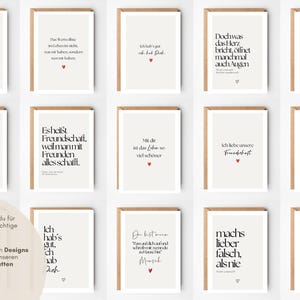 May include: A collection of fourteen rectangular greeting cards with beige backgrounds and black German text. Each card features a small red or black heart icon. The cards are displayed in a grid layout, showcasing various typographic styles and phrases.