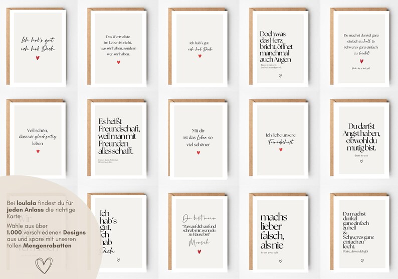 May include: A collection of fourteen rectangular greeting cards with beige backgrounds and black German text. Each card features a small red or black heart icon. The cards are displayed in a grid layout, showcasing various typographic styles and phrases.