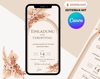 loulala® Canva digitale Einladungskarte zum selber anpassen, digitale Ecard Geburtstagseinladung zum versenden per Whatsapp (Boho)