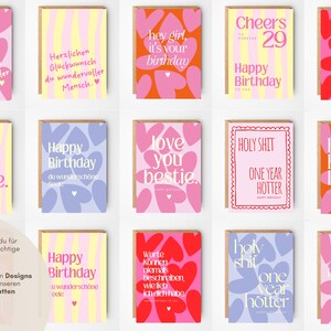 May include: A collection of rectangular greeting cards featuring various designs, including pink and red heart patterns, yellow and pink vertical stripes, and text such as 'Happy Birthday', 'love you bestie', 'hey girl, it's your birthday', and 'HOLY SHIT'.