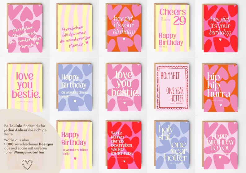 May include: A collection of rectangular greeting cards featuring various designs, including pink and red heart patterns, yellow and pink vertical stripes, and text such as 'Happy Birthday', 'love you bestie', 'hey girl, it's your birthday', and 'HOLY SHIT'.