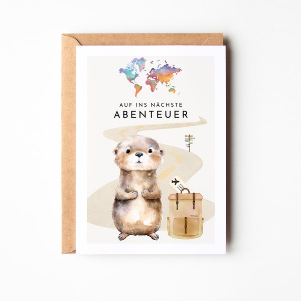 Postkarte für Reisende, Weltreise, Gute Reise Karte mit süßem Otter, Abschiedsgeschenk für Reisende, Verreisen Karte zum verschenken