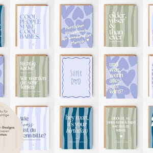 May include: A collection of fourteen rectangular greeting cards featuring various designs, including wavy striped patterns in blue, green, and purple, alongside heart motifs and printed text in English and German, each paired with a brown envelope.